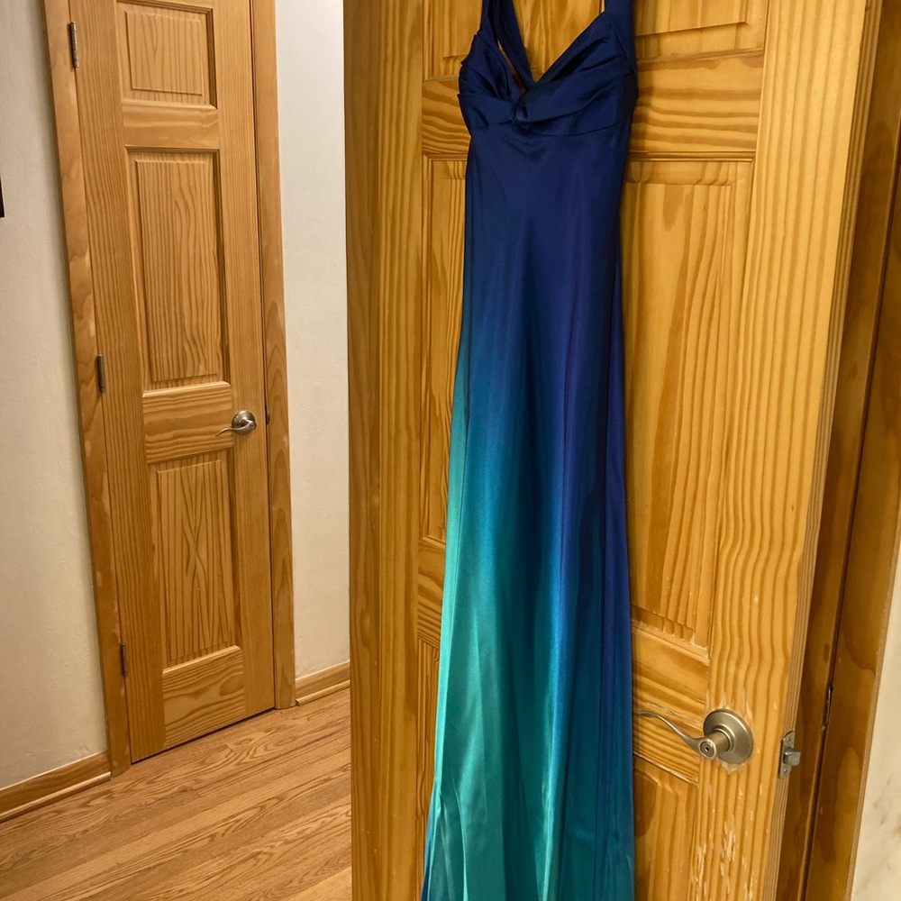 Long hombre royal blue to teal dress